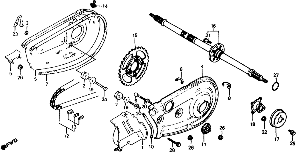 Atc185s rear wheel axle & chaincase 83