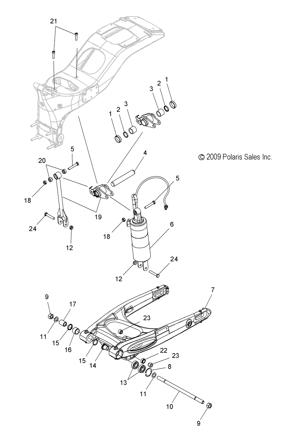 Suspension rear asm. swing arm and shock - v11sw36_sa36_aw36