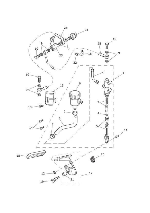 Rear brake master cylinder, reservoir & pedal 611135  (incl 611105)