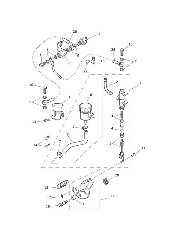 Rear brake master cylinder, reservoir & pedal 532900  611134 (expt 611105)