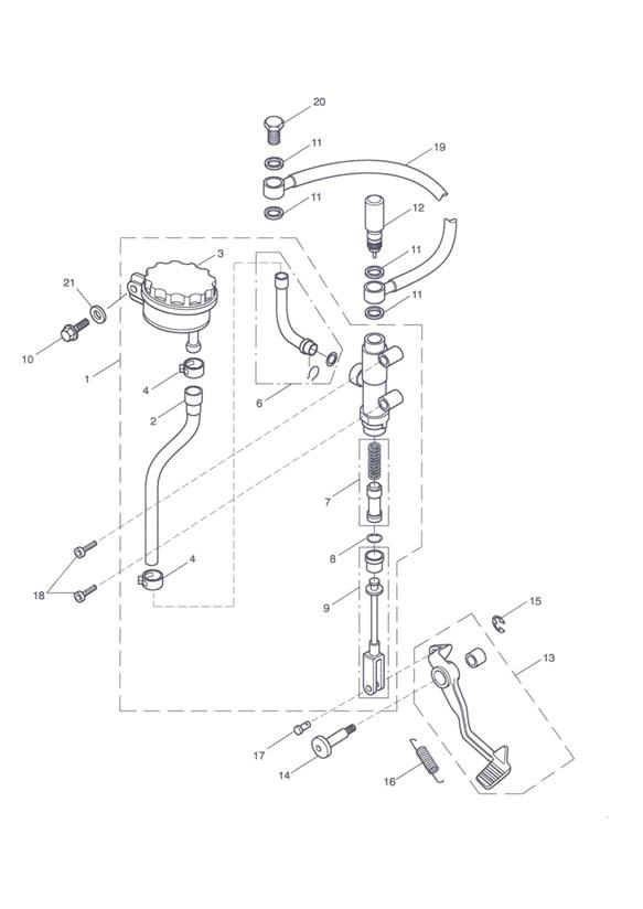 Rear brake master cylinder, reservoir & pedal